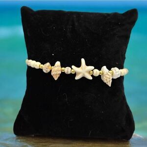 Ivory Starfish Shell Beaded String Charm Bracelet Adjustable Length Summer Beach